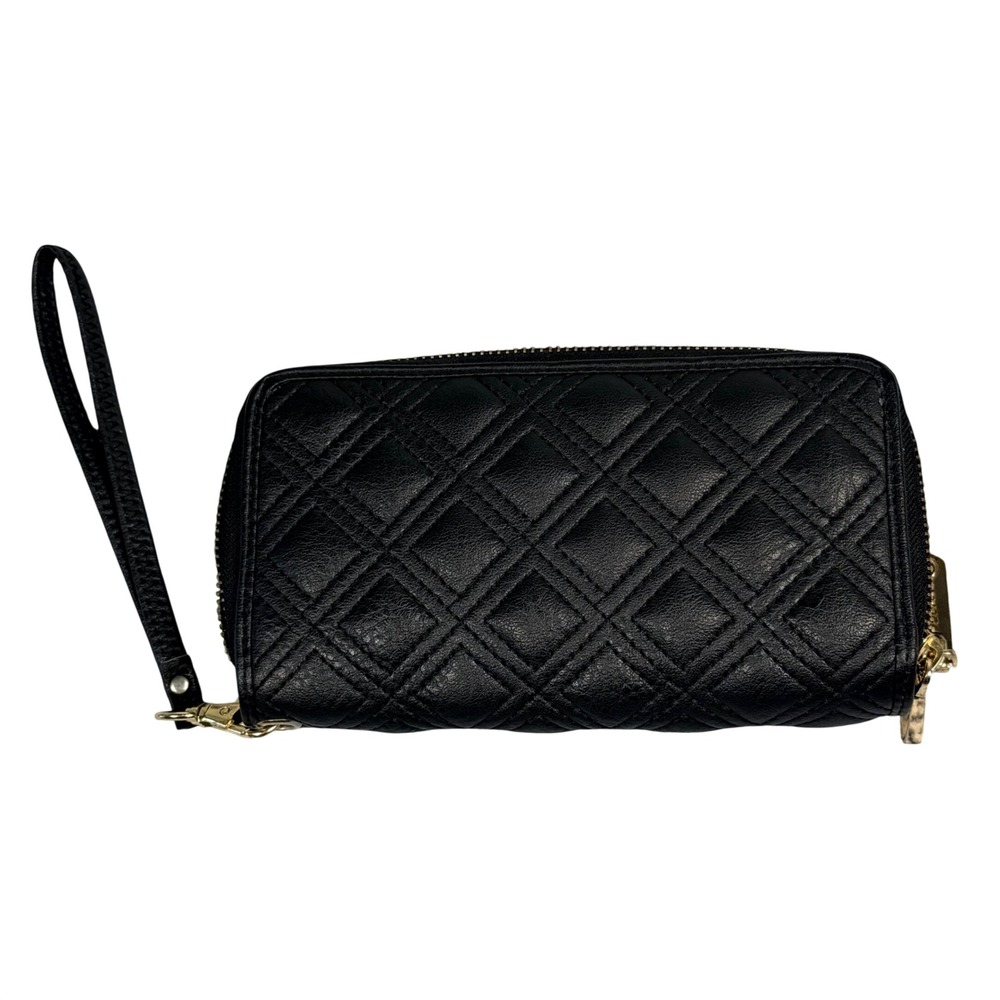 Black Quilted Double Zip Accordion Wristlet Wallet Gold Hardware Minimalist EUC